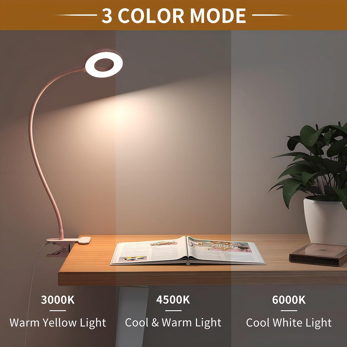 Clip-On LED Desk Lamp with Flexible Gooseneck and 3 Colour Modes