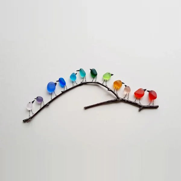 Colorful Bird Wall Art – Recycled Sea Glass Birds on Branch Home Decor