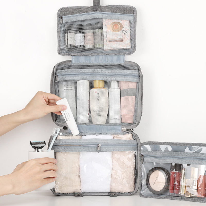 Compact Water-Resistant Travel Cosmetic Organizer with 4 Compartments and 360° Hook for Men and Women