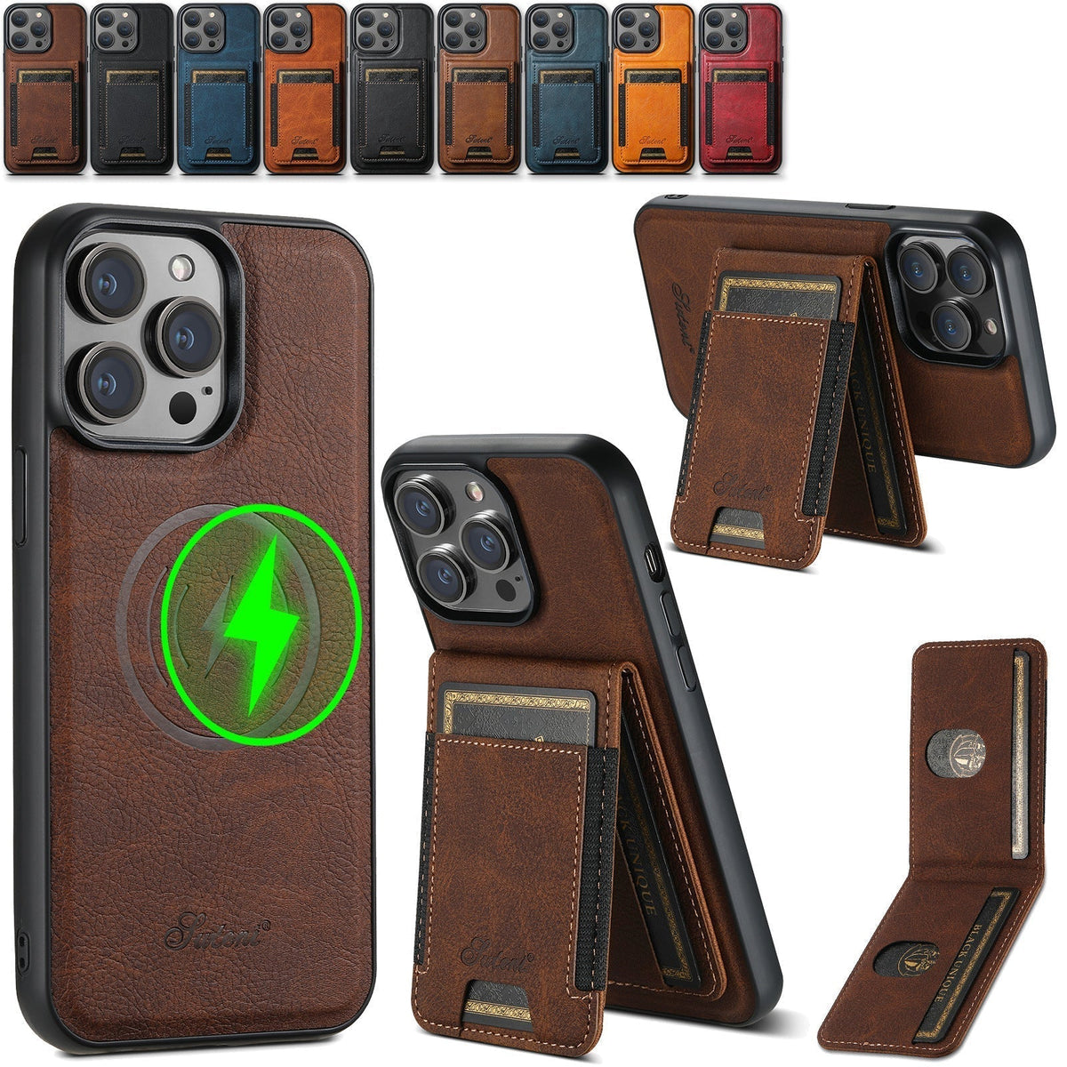 Durable Leather Phone Case with Card Holder and Magnetic Support