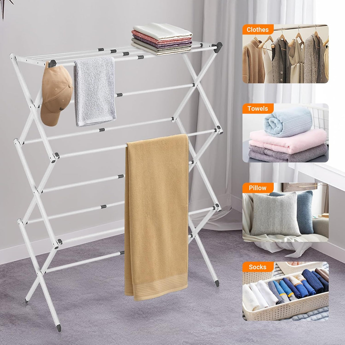 Foldable Multi-Bar Clothes Drying Rack in Iron and PP Plastic for Indoor and Outdoor Use