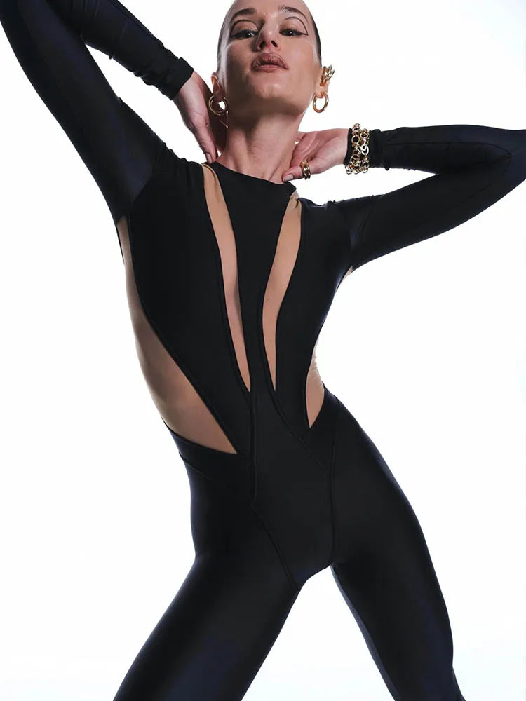 Long-Sleeve Stretch Round-Neck Jumpsuit