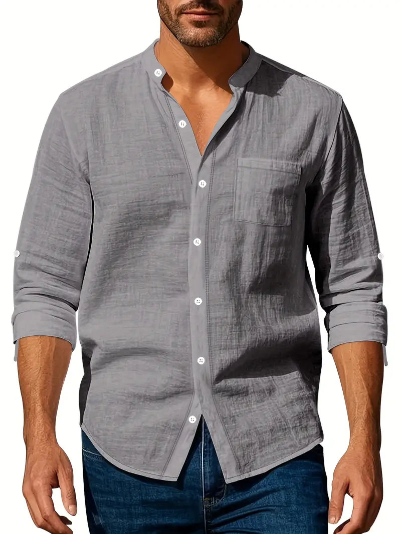 Men's Band Collar Long Sleeve Shirt