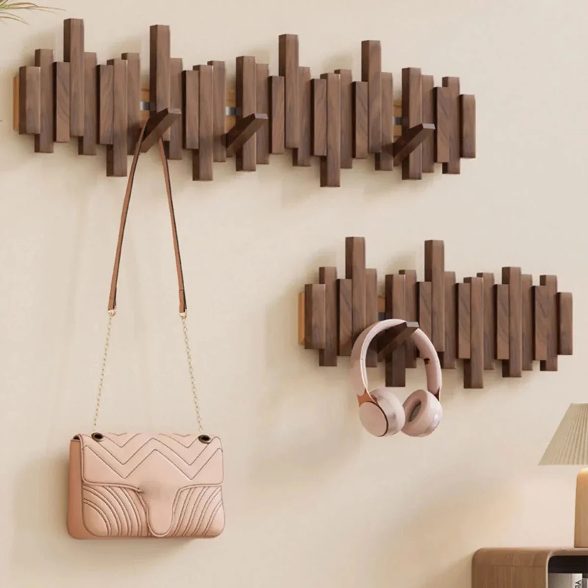 Modern Piano-Style Walnut and Beech Wood Coat Rack