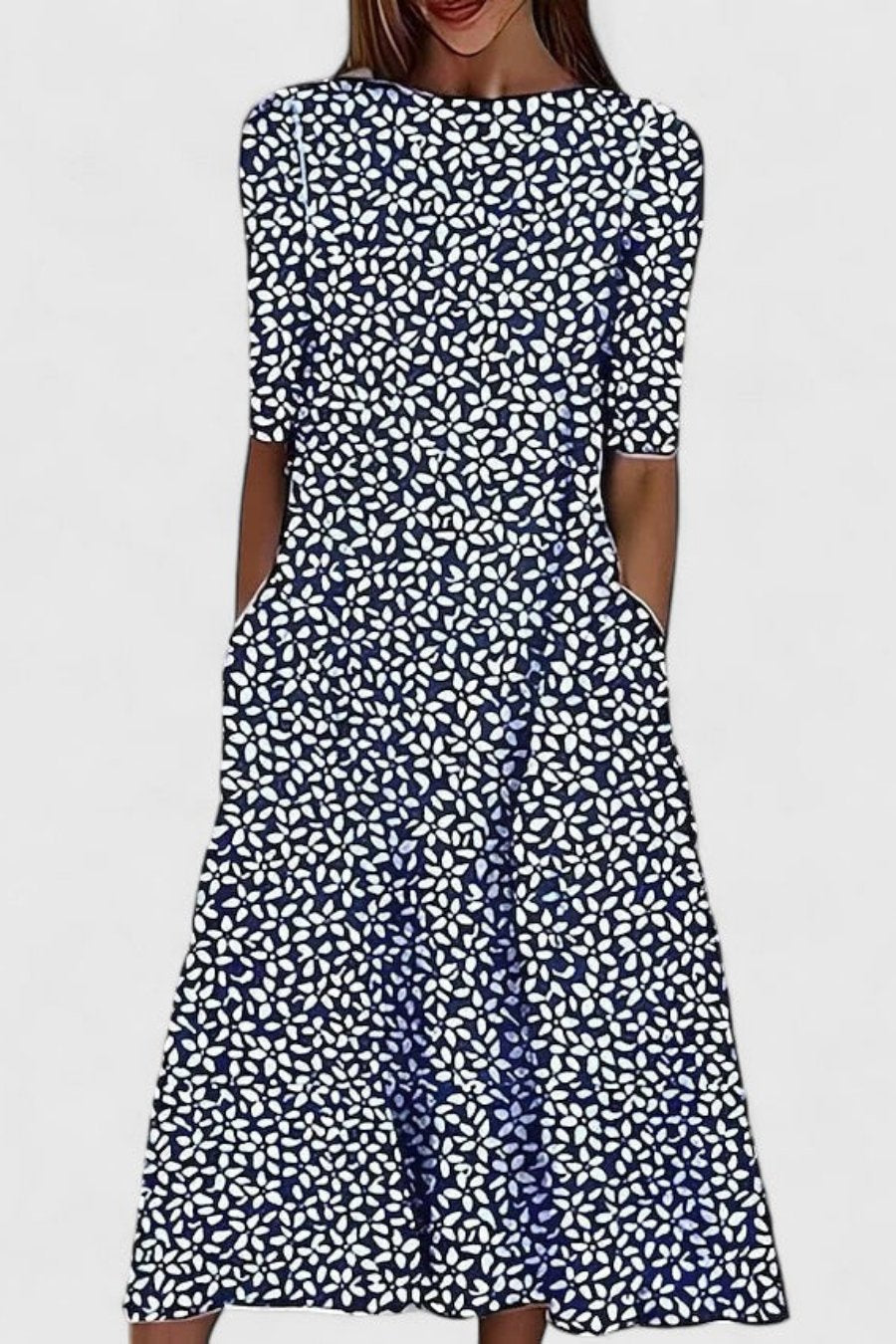 Short Sleeve Round Neck A-Line Midi Dress with Pockets