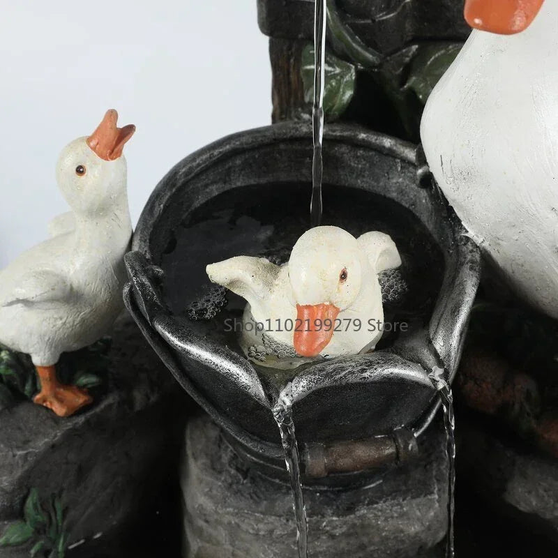 Solar Decorative Duck & Squirrel Water Fountain - Weatherproof Resin Garden Figurine with LED Light for Patio & Balcony