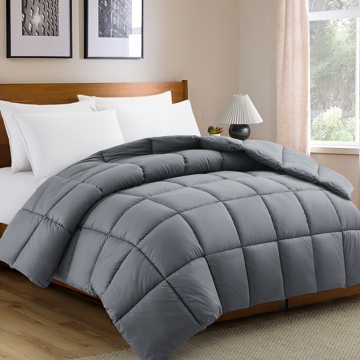 Solid Color Square-Stitched All-Season Duvet, Ultralight Warm Polyester Bedspread, Soft Comfortable Comforter for Bedroom and Guest Room