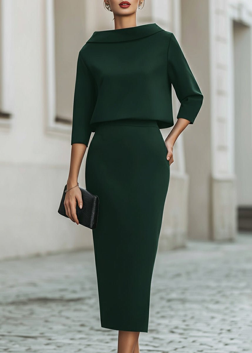 Two-Piece Boat Neck 3/4 Sleeve Top and Midi Skirt Set