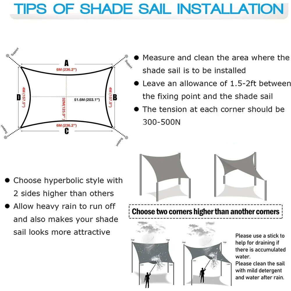 Waterproof Rectangular Sun Shade Sail with UV Protection and Hardware Kit