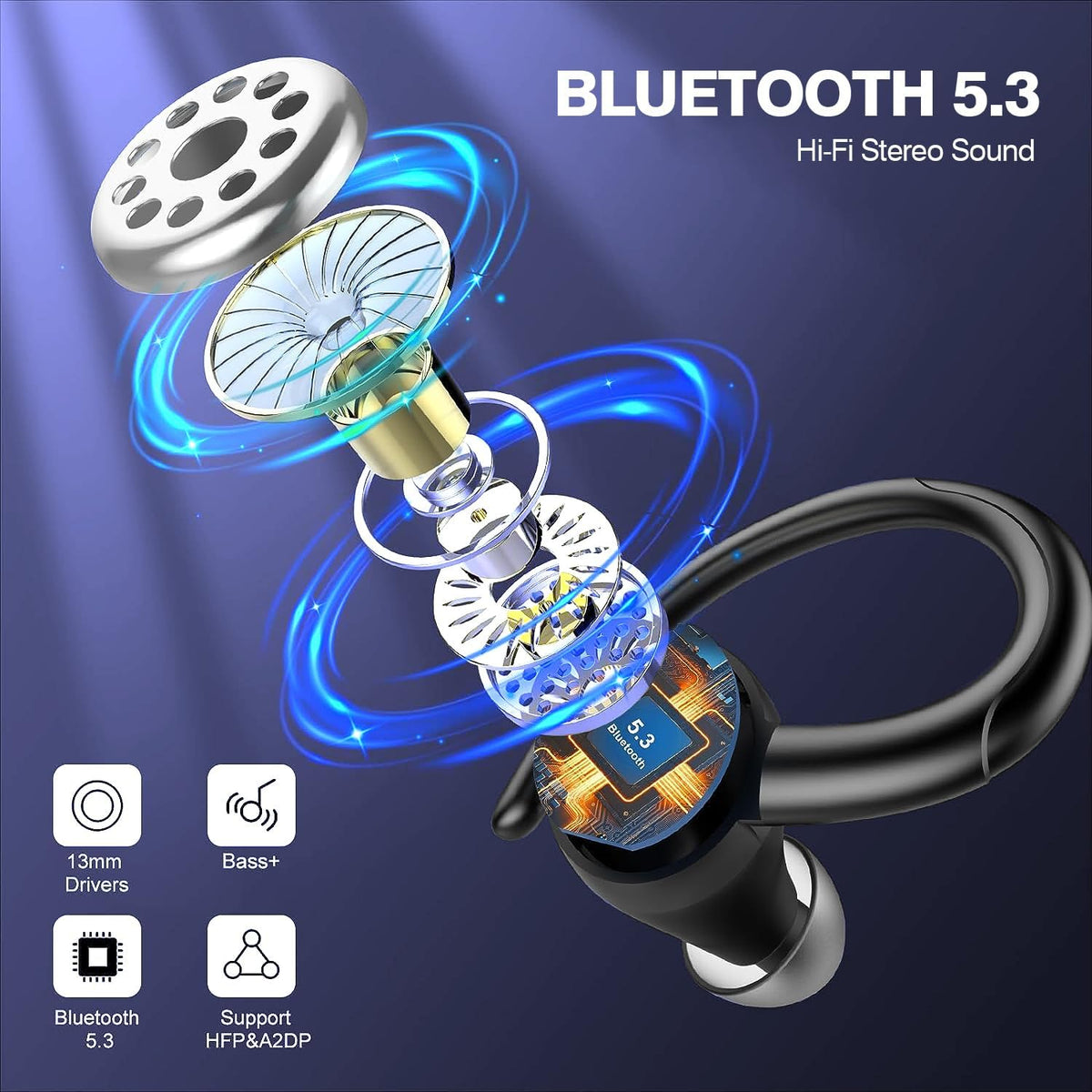 Wireless Bluetooth 5.3 Sports Earbuds with Noise Reduction and 48-Hour Playtime