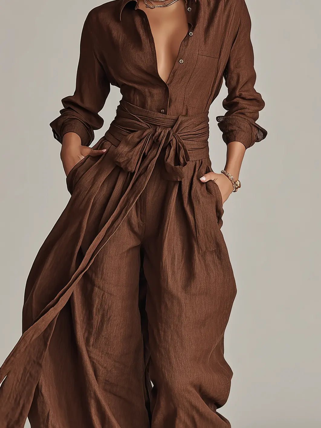 Women's Belted Long-Sleeve Shirt Collar Jumpsuit