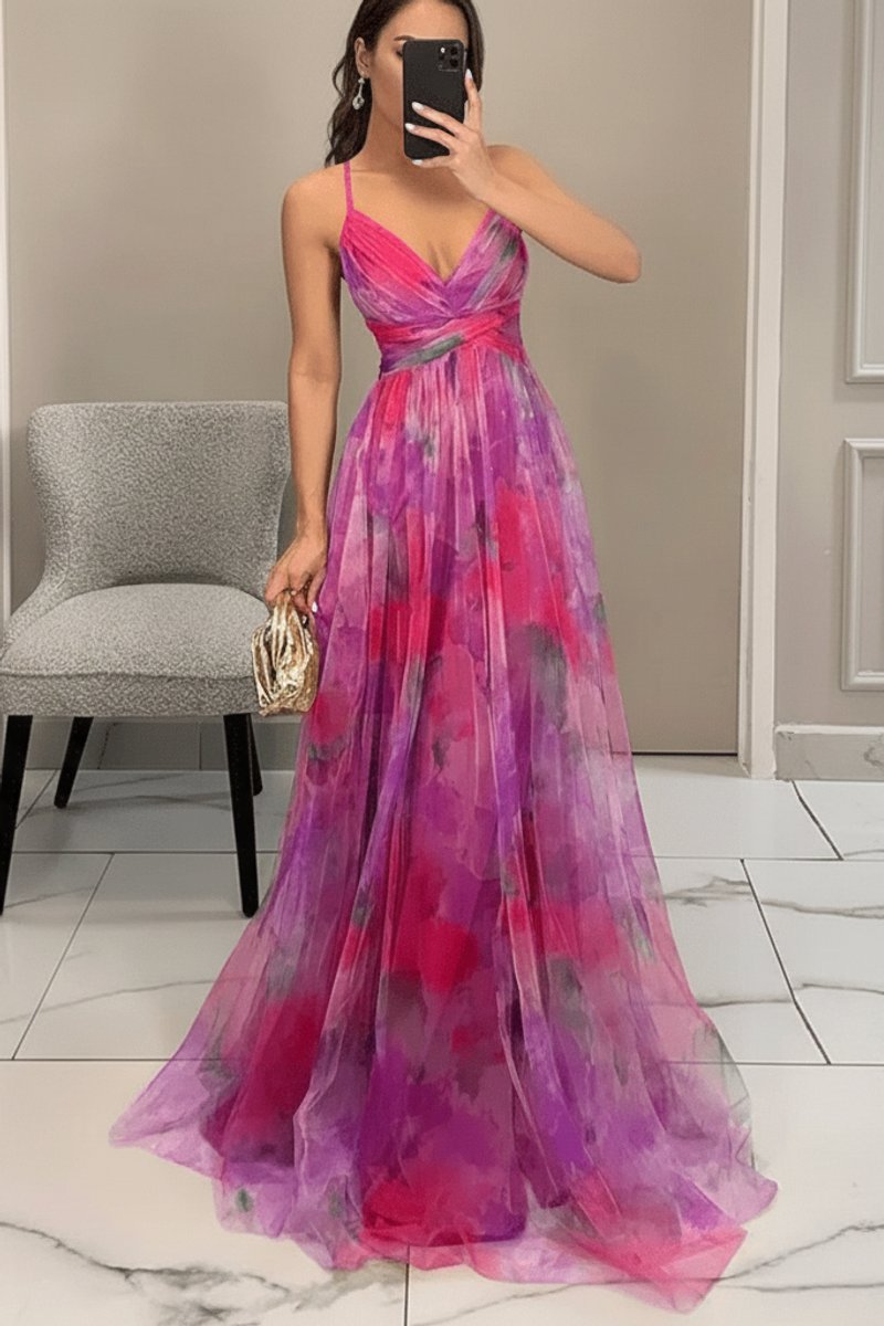 Women's Floral Sleeveless V-Neck A-Line Maxi Cocktail Dress