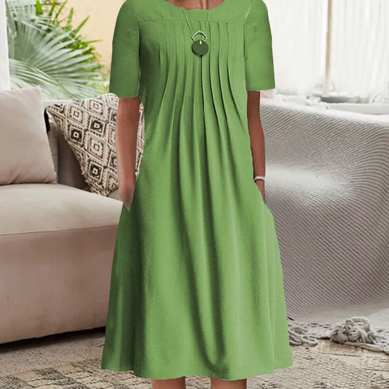 Women's Solid Pleated Round Neck Long Sleeve Dress