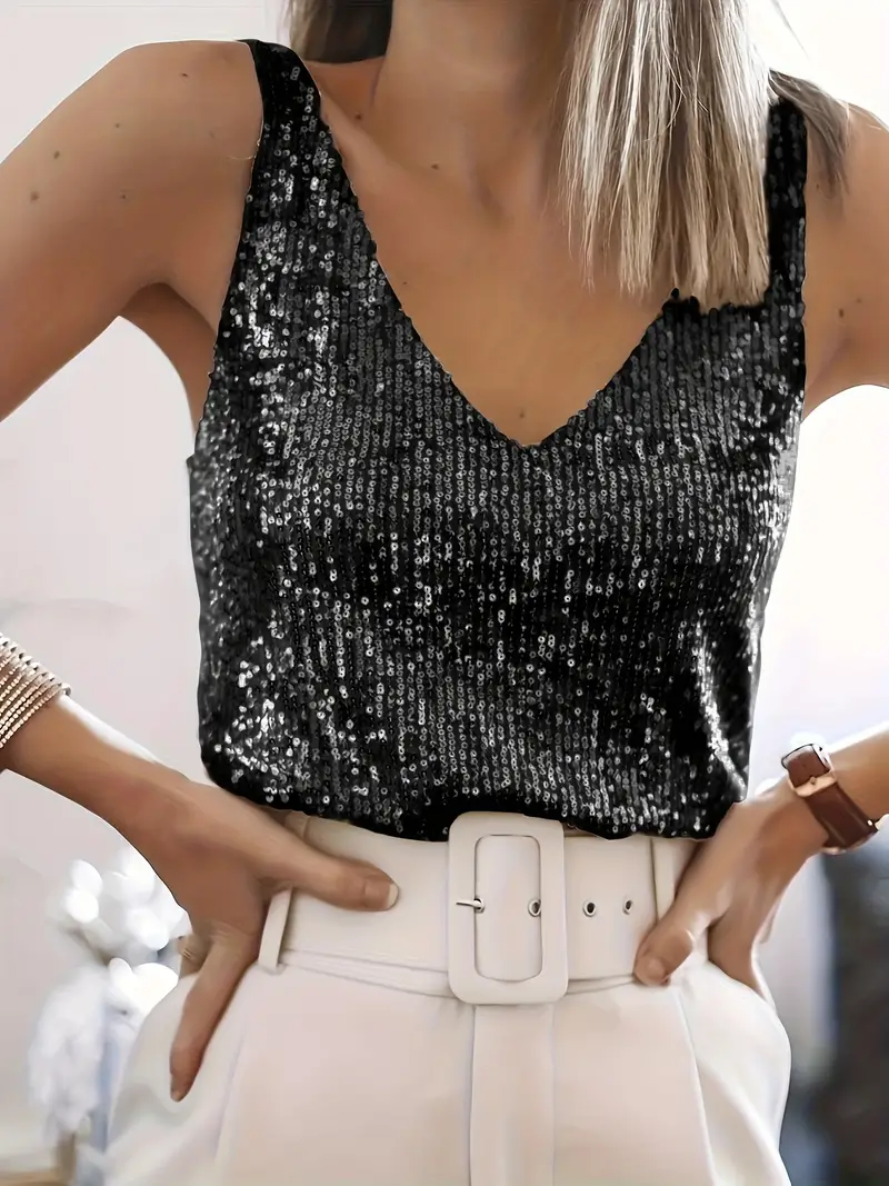Women's Sparkling Sequin V-Neck Sleeveless Blouse