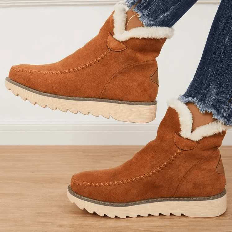 Women's Warm-Lined Ankle Boots with Plush Trim and Low Platform Sole