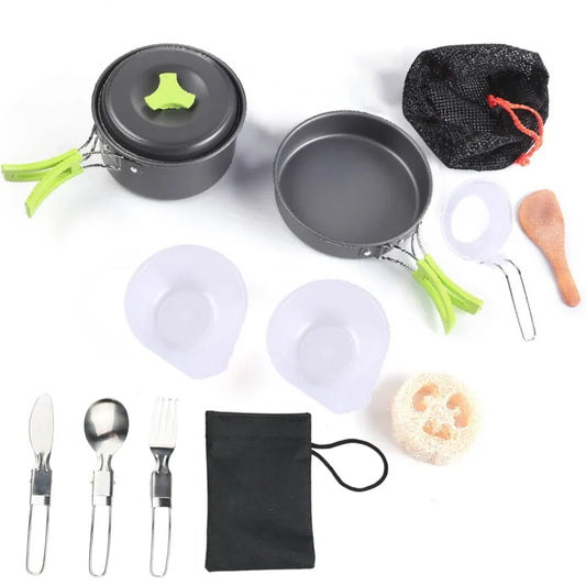1.8L Mini Camping Cookware Set - Aluminium Non-Stick Pot with Nested Storage - Green, Orange & Black