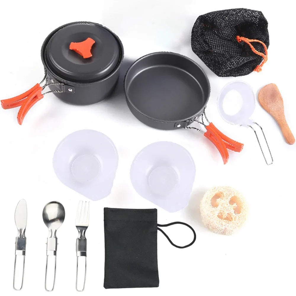 1.8L Mini Camping Cookware Set - Aluminium Non-Stick Pot with Nested Storage - Green, Orange & Black