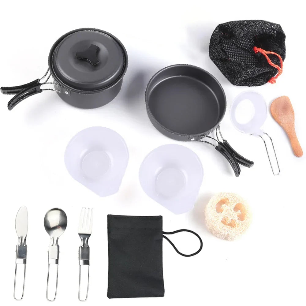 1.8L Mini Camping Cookware Set - Aluminium Non-Stick Pot with Nested Storage - Green, Orange & Black