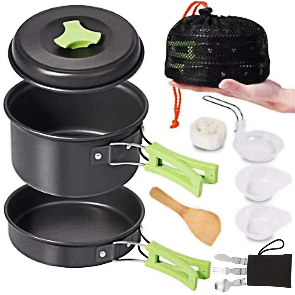 1.8L Mini Camping Cookware Set - Aluminium Non-Stick Pot with Nested Storage - Green, Orange & Black