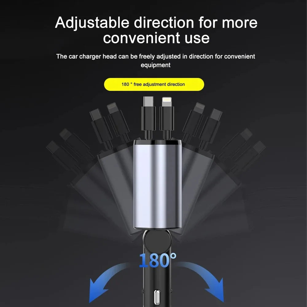 120W Compact Fast Car Charger with Retractable Cables and USB Ports