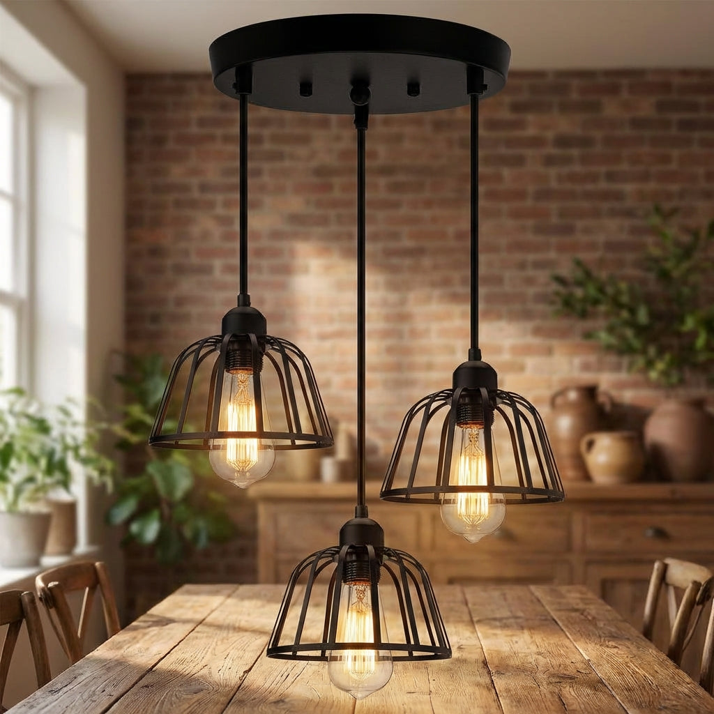 3-Light Height-Adjustable Pendant Light – Retro Industrial Style Iron and Metal for Living Room
