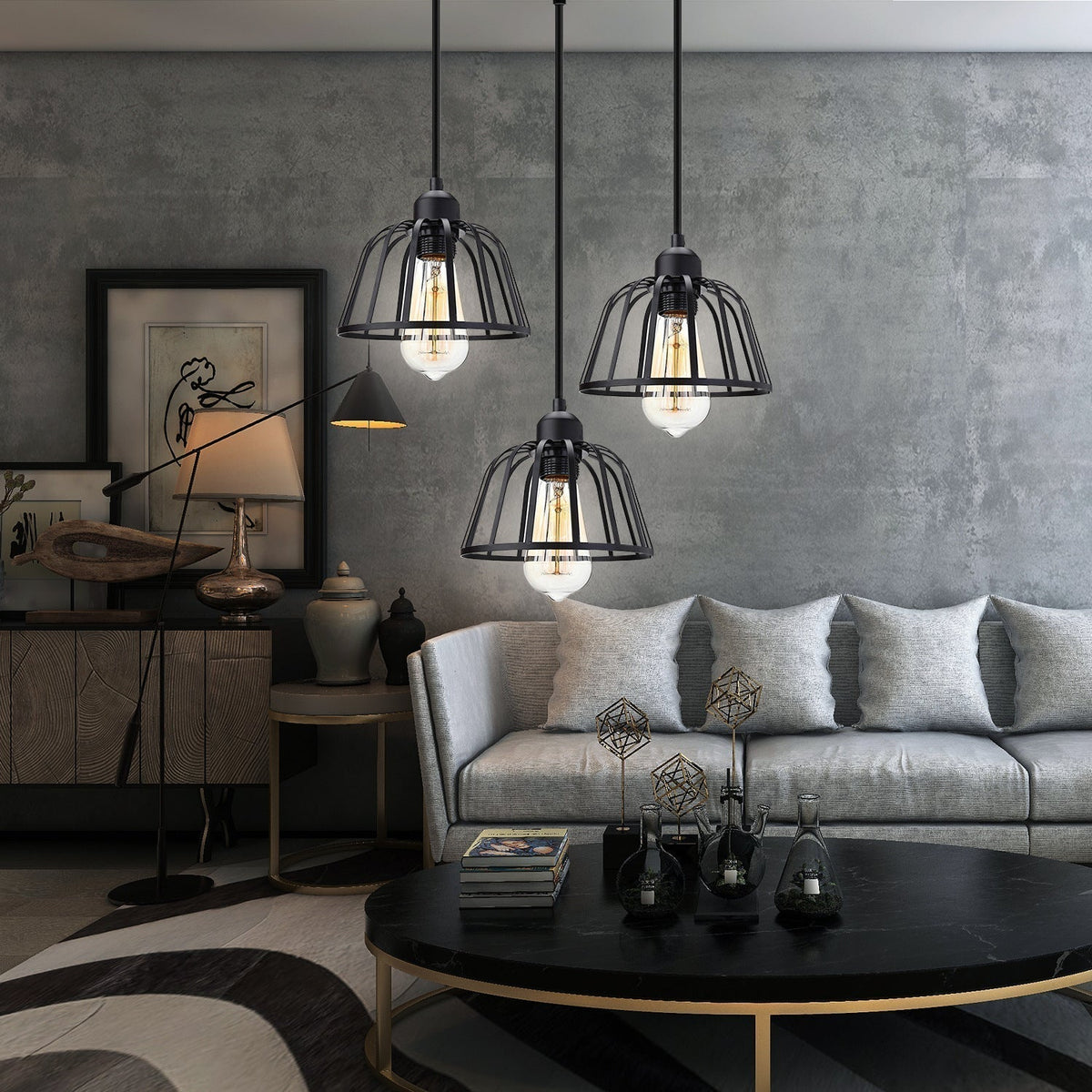 3-Light Height-Adjustable Pendant Light – Retro Industrial Style Iron and Metal for Living Room