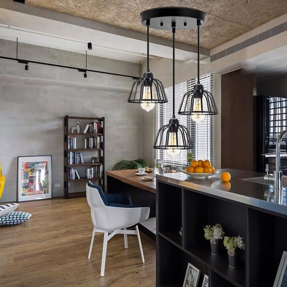 3-Light Height-Adjustable Pendant Light – Retro Industrial Style Iron and Metal for Living Room