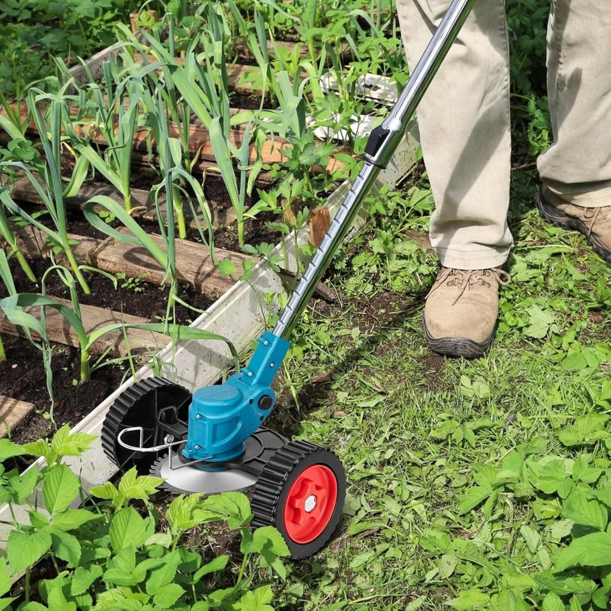 36V Cordless Lawn Trimmer with Wheeled Guide for Ergonomic Trimming
