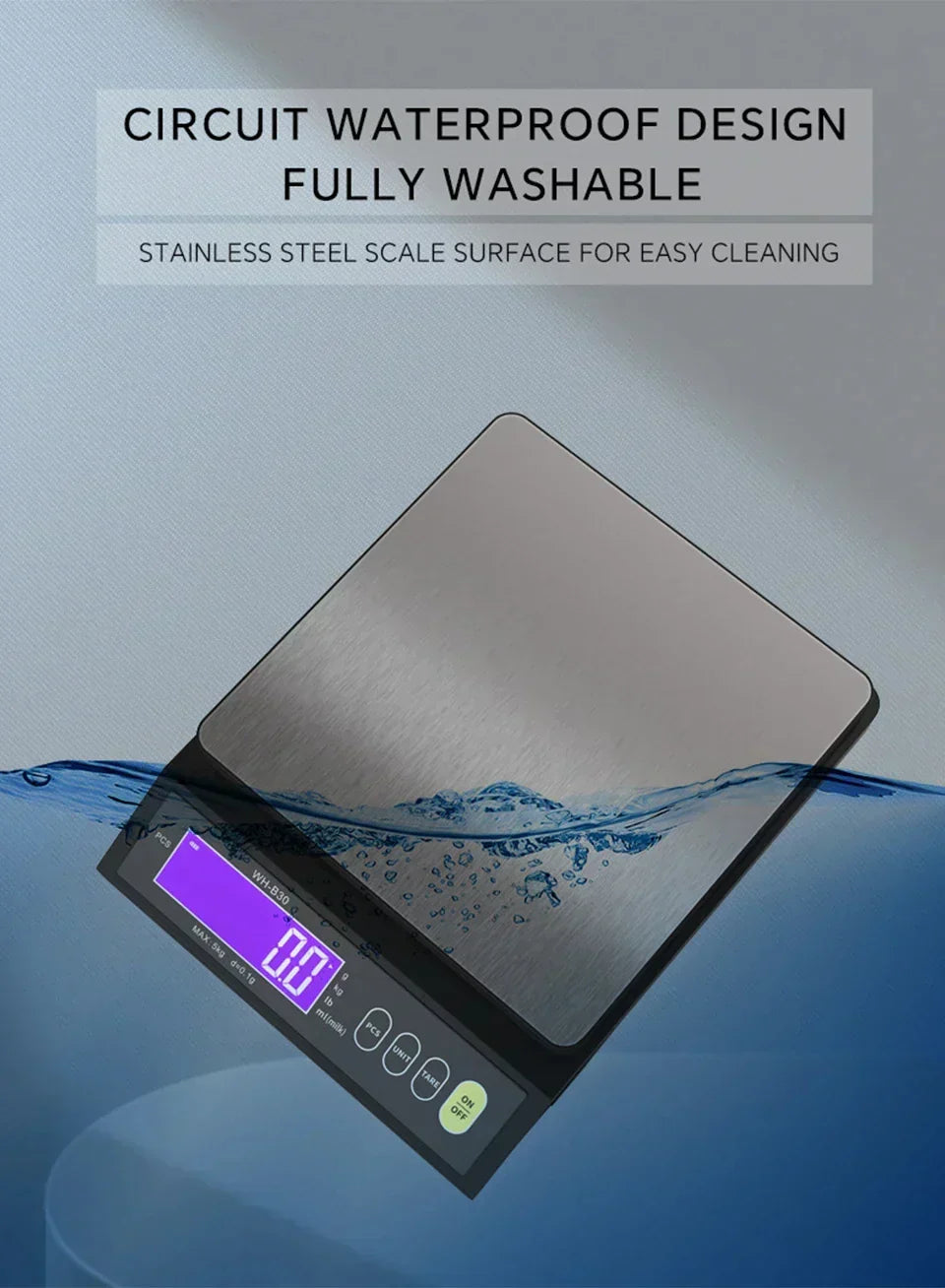5 Kg/0.1 g and 10 kg/1 g Digital Electronic Kitchen Scale with LCD Display, Fully Waterproof Stainless Steel Weighing Tool for Baking