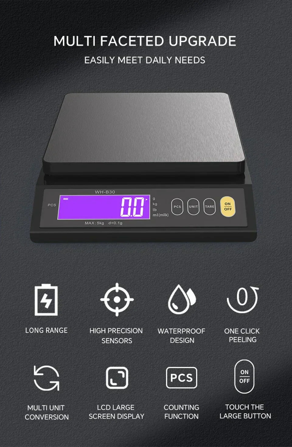 5 Kg/0.1 g and 10 kg/1 g Digital Electronic Kitchen Scale with LCD Display, Fully Waterproof Stainless Steel Weighing Tool for Baking