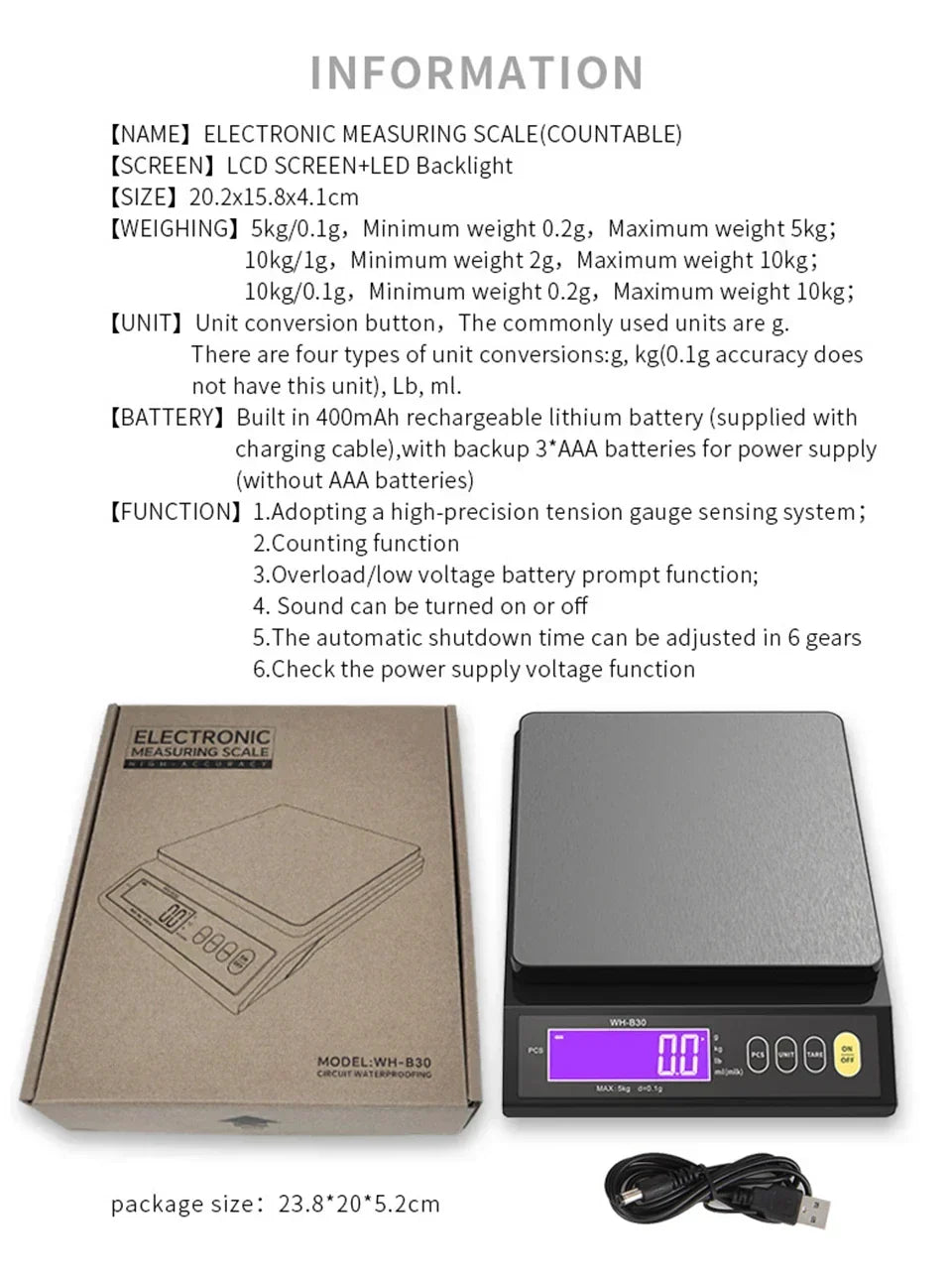 5 Kg/0.1 g and 10 kg/1 g Digital Electronic Kitchen Scale with LCD Display, Fully Waterproof Stainless Steel Weighing Tool for Baking
