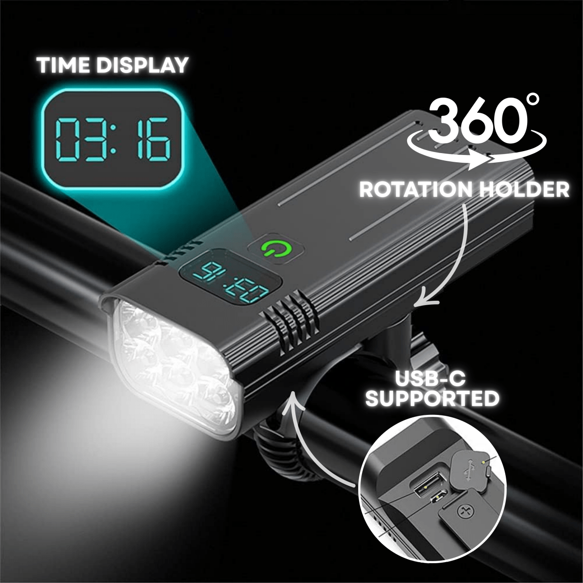 5000 Lumen Bike Light with 12 LEDs and Rechargeable USB-C Battery