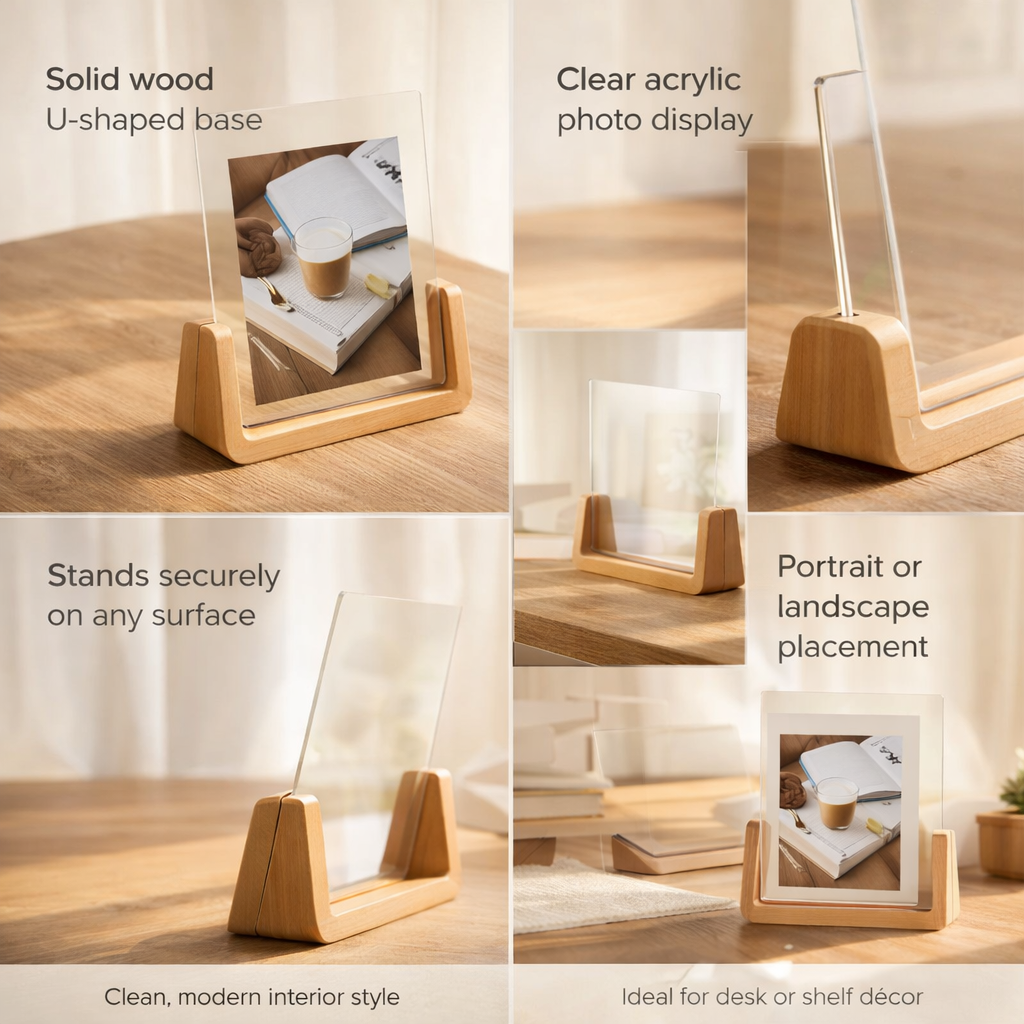 Acrylic and Wood Tabletop Photo Frame with U-Shaped Stand
