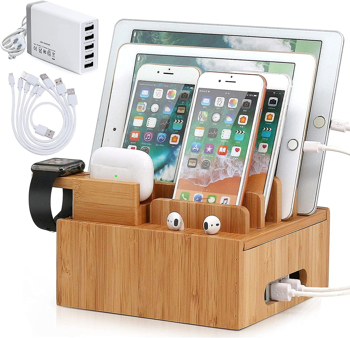 Bamboo 5-Port USB Charging Station and Organizer for Smartphones, Tablets, and Smartwatches with Cable Set