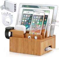 Bamboo 5-Port USB Charging Station and Organizer for Smartphones, Tablets, and Smartwatches with Cable Set