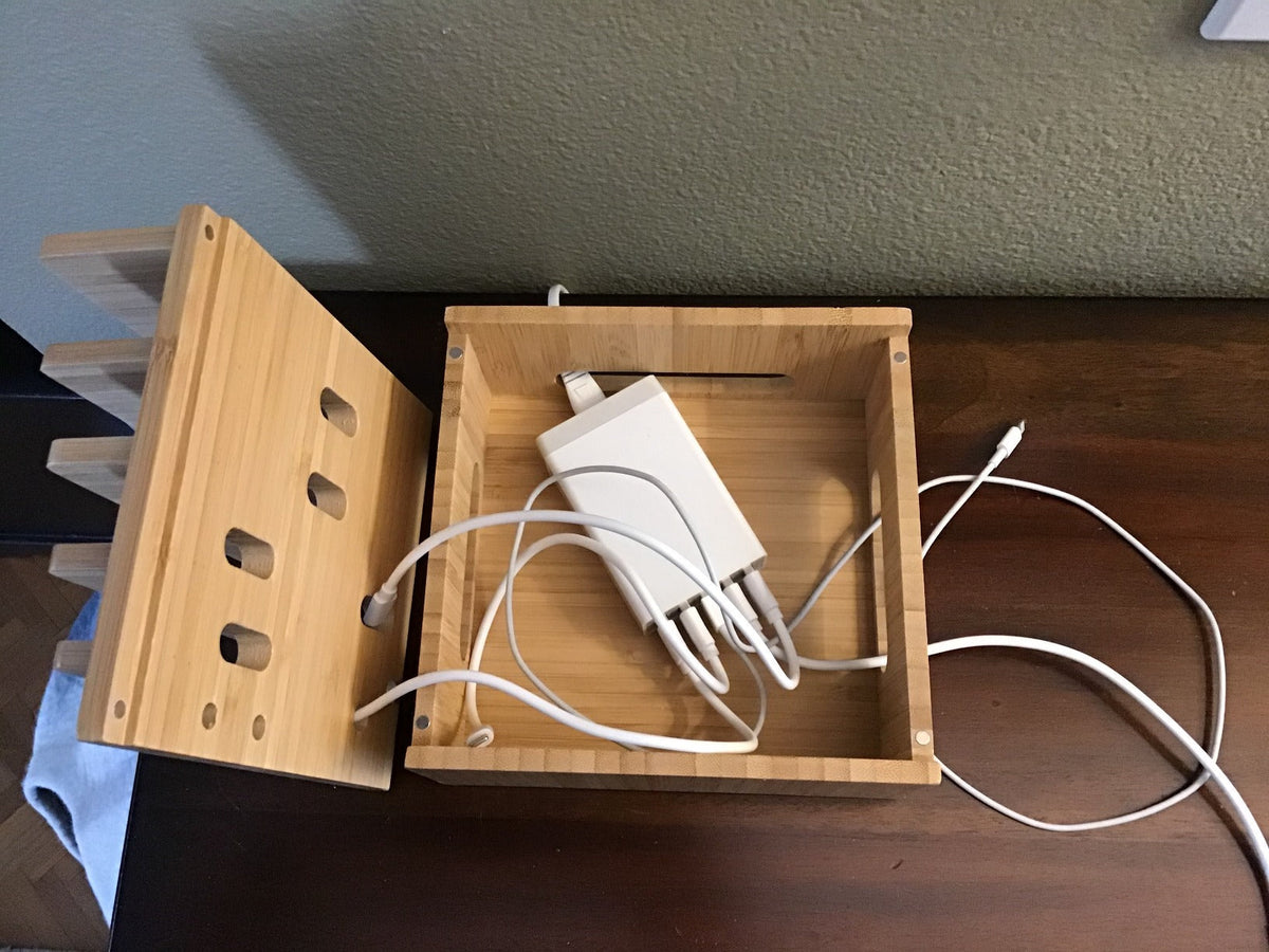 Bamboo 5-Port USB Charging Station and Organizer for Smartphones, Tablets, and Smartwatches with Cable Set