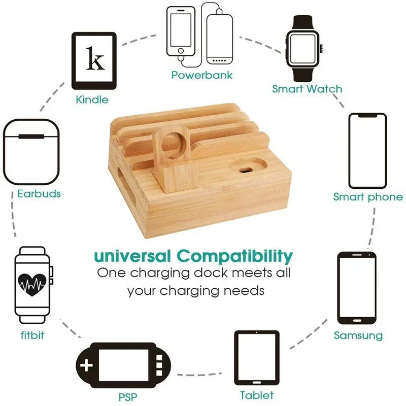 Bamboo Charging Station – 5-Port USB Organizer with Cable Set