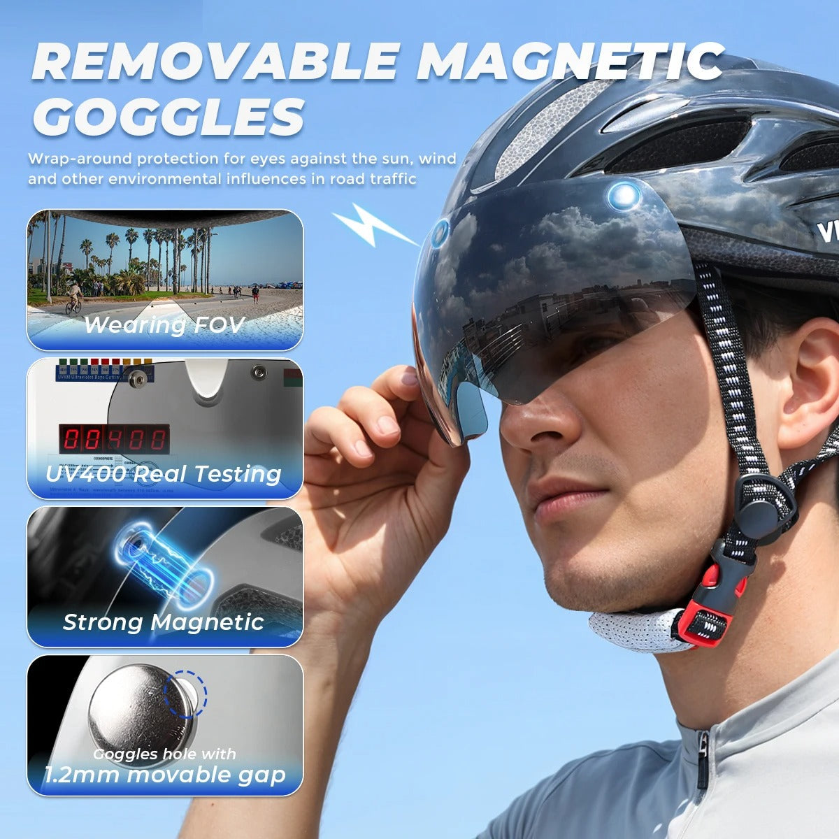Bike Helmet with LED Taillight and Magnetic UV400 Goggles for Cycling, MTB, and Electric Scooter for Men & Women