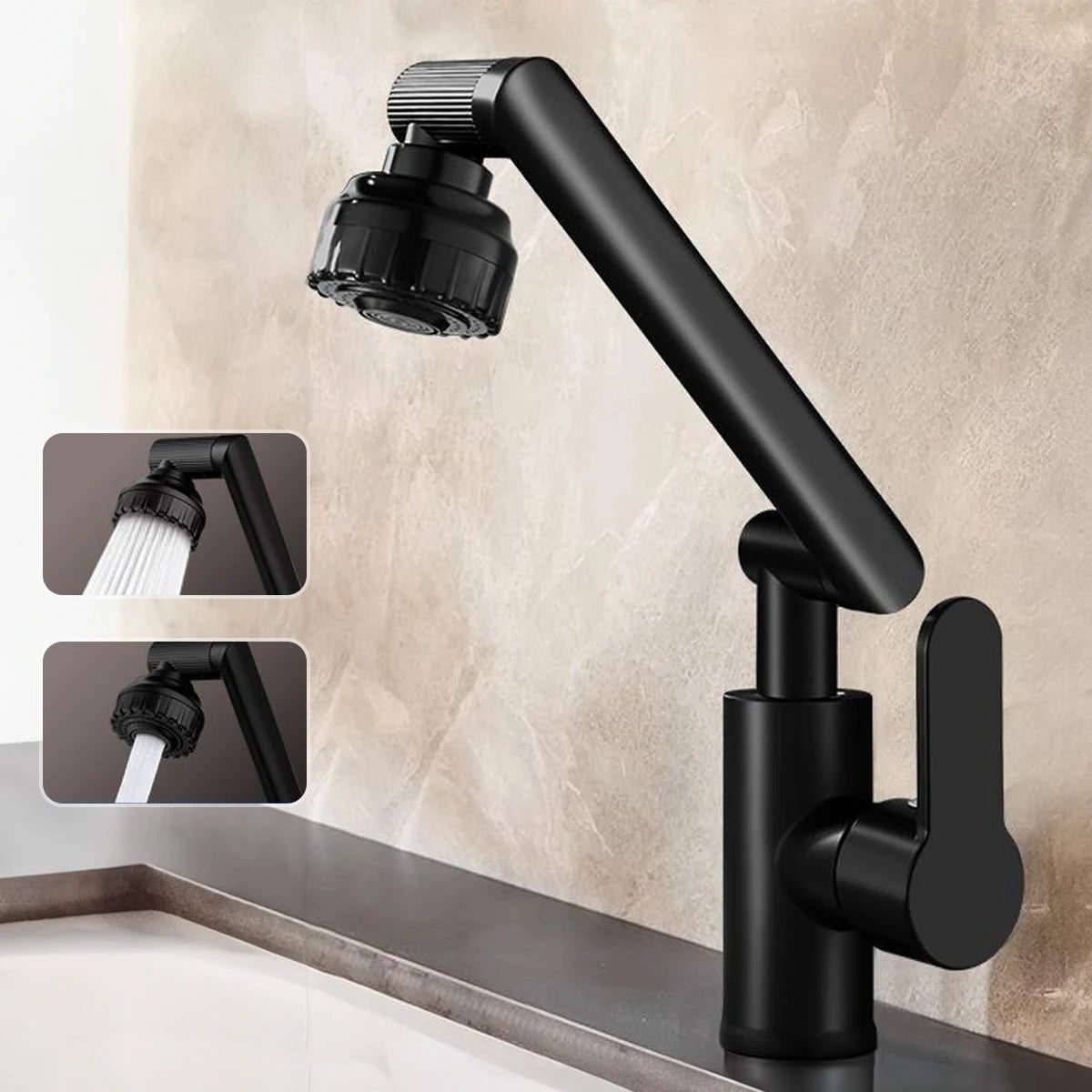 Black Kitchen Faucet with 360° Robotic Arm and Dual Spray for Kitchen and Bathroom