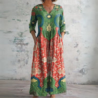 Boho Ethnic Floral V-Neck Long Sleeve Maxi Dress