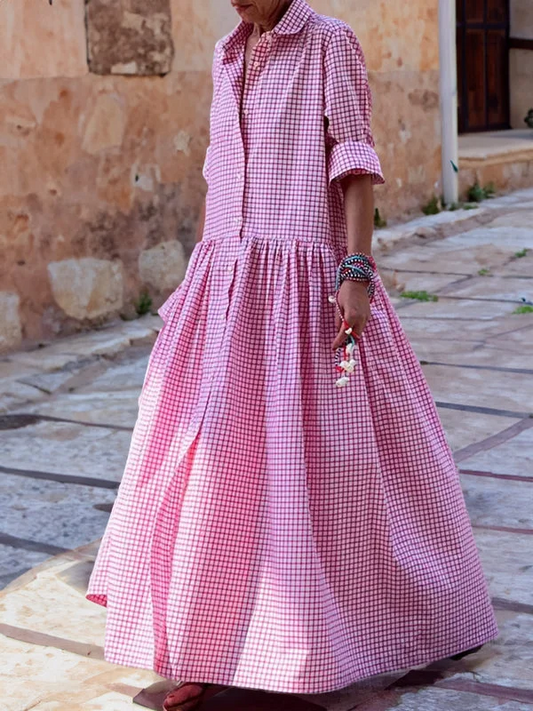 Casual Plaid Long-Sleeve Swing Dress