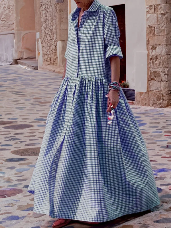 Casual Plaid Long-Sleeve Swing Dress
