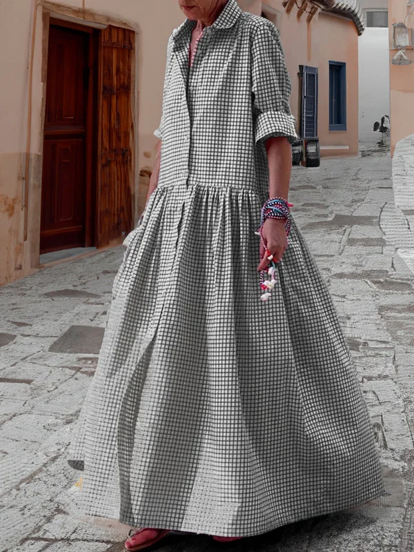 Casual Plaid Long-Sleeve Swing Dress
