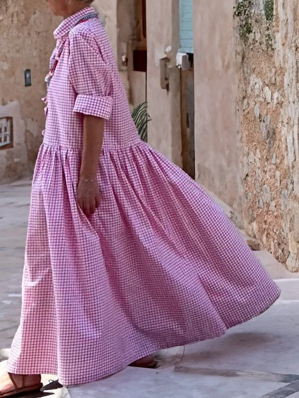 Casual Plaid Long-Sleeve Swing Dress