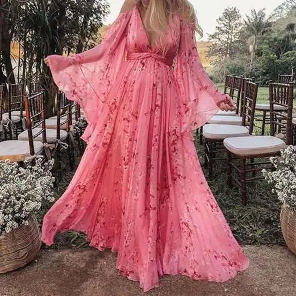 Chic Autumn Pink Dress with Flared Sleeves