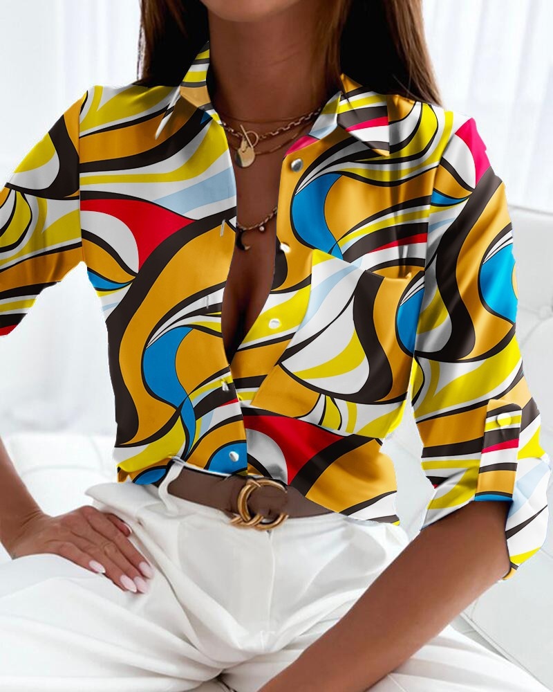 Chic Modern Print Turn-Down Collar Blouse