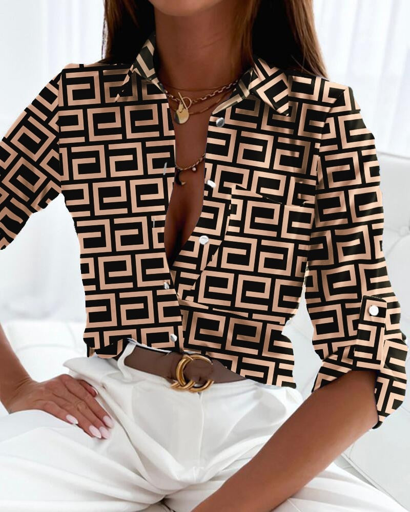 Chic Modern Print Turn-Down Collar Blouse