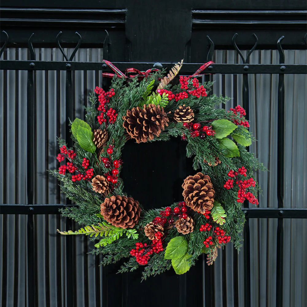 Christmas Wreath with Red Berries and Cypress Leaves – Festive Holiday Decor