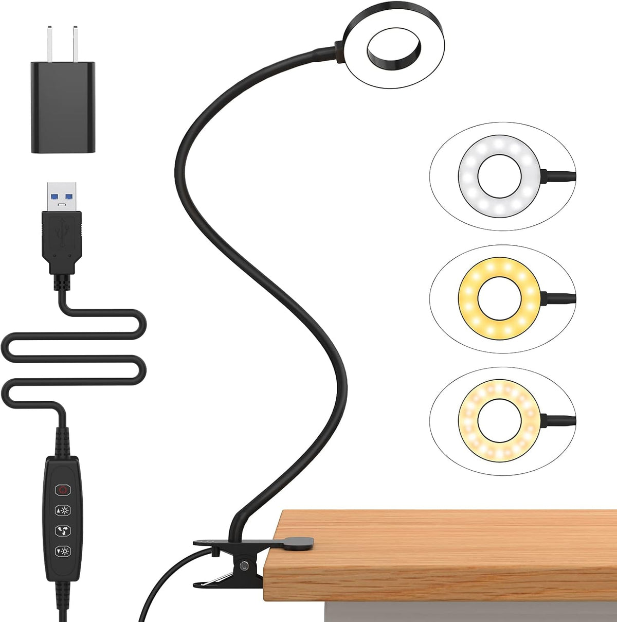 Clip-On LED Desk Lamp with Flexible Gooseneck and 3 Colour Modes