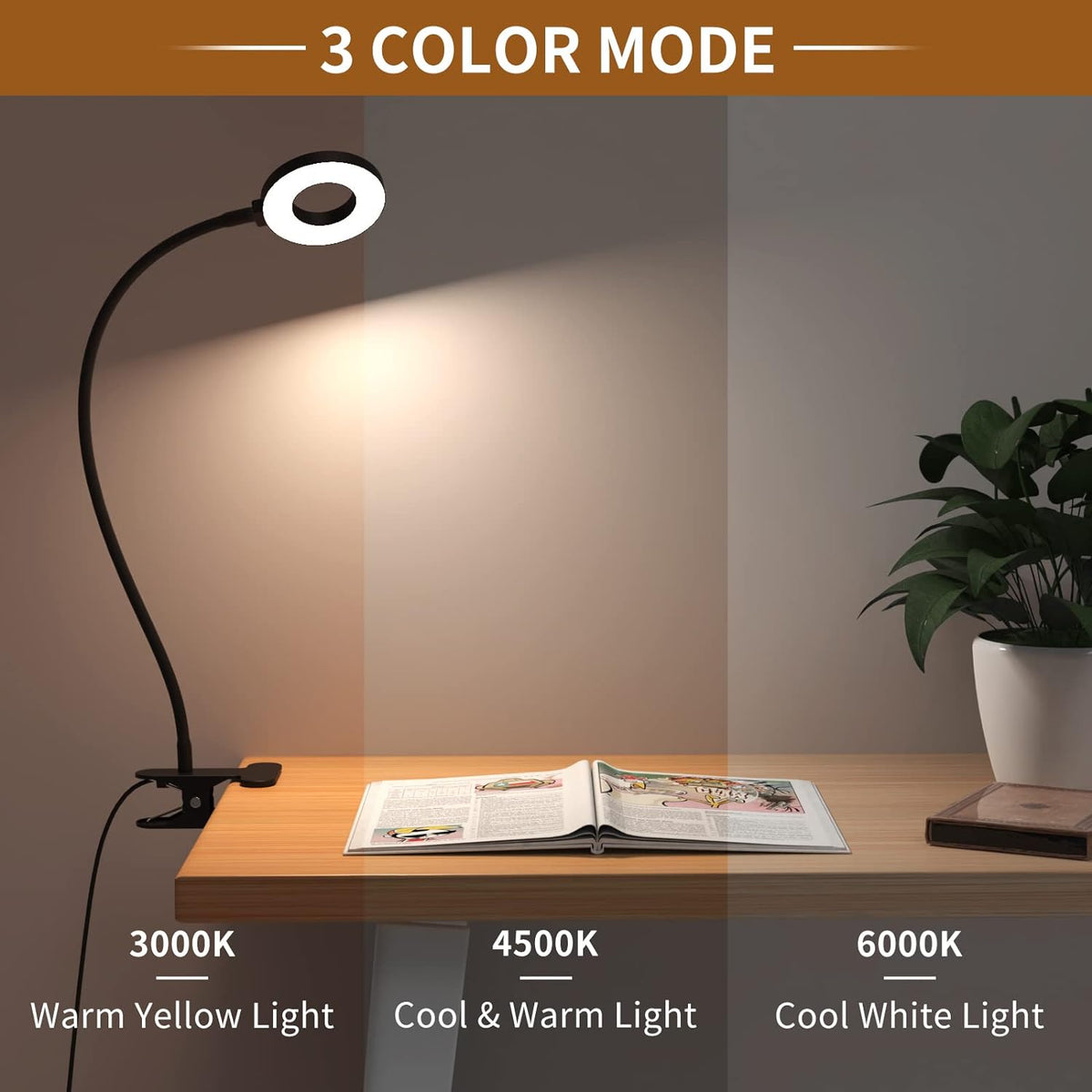 Clip-On LED Desk Lamp with Flexible Gooseneck and 3 Colour Modes
